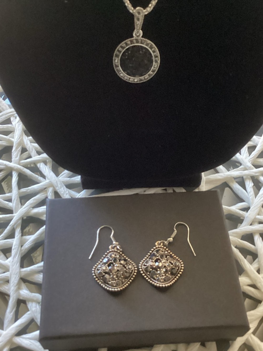 Sterling Silver Black Stone Pendant Necklace and Earrings Set
